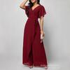 Women's V Neck Short Sleeve Romper Loose Fit High Waist Elegant Chiffon Jumpsuit Solid Color Wide Leg Pantsuit