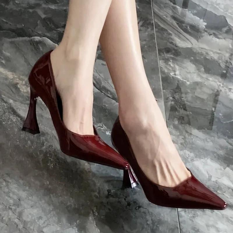 Fashion Women Elegant Wine Red Pumps Shallow Mouth Slip on Chunky High-heeled Shoes Woman Sexy Point Toe Versatile Party Banquet Shoes