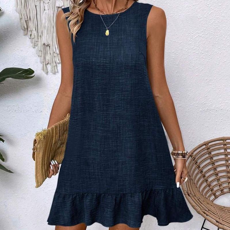 

Suumer Women s Elegant Loose Casual Clean Color Crewneck Ruffle Sleeves Panels Hem Tie Bow At The Back of The Daily Resort Dress XL темно-синього кольору