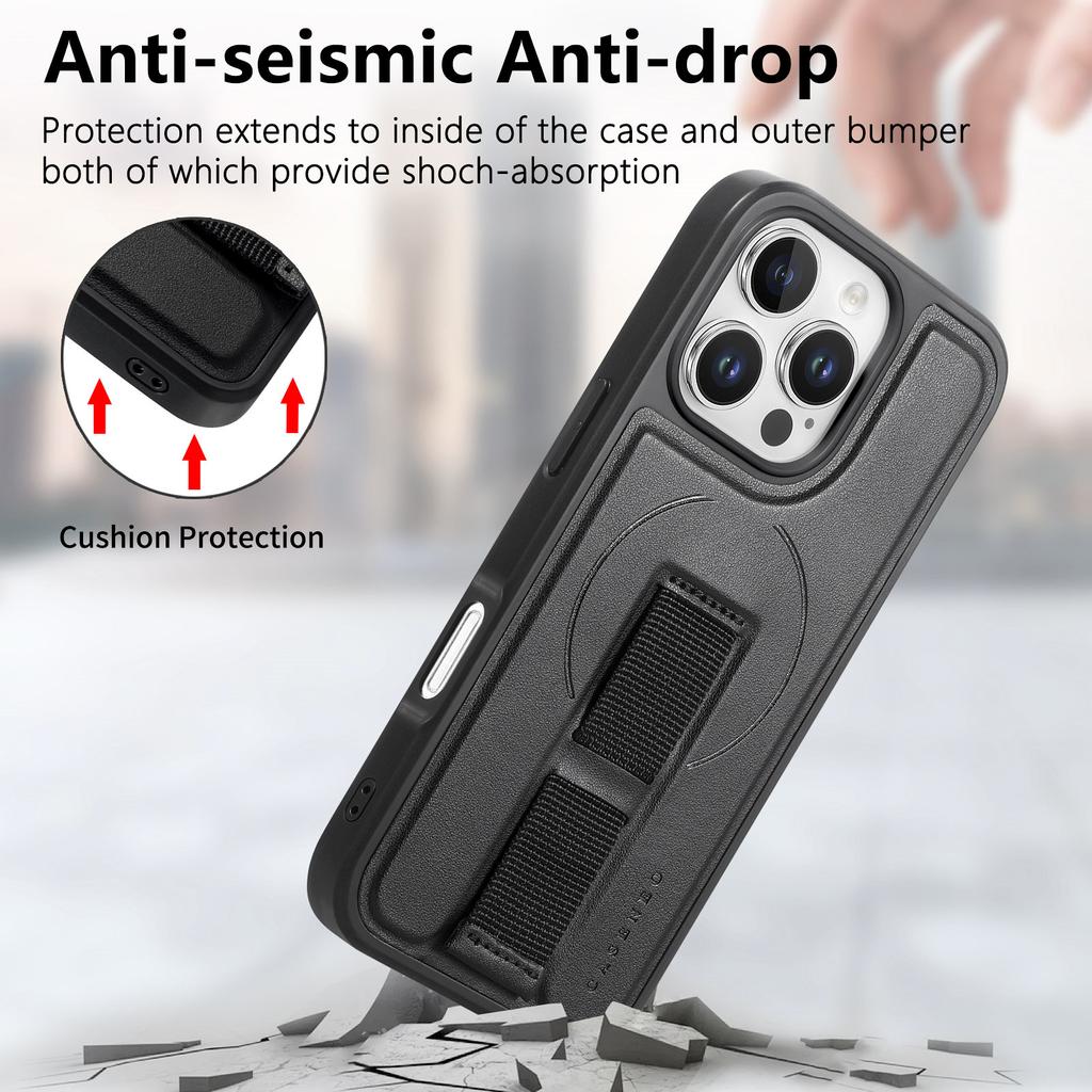 For iPhone 16 Pro Magnetic Case CASENEO Wristband PU Leather + PC Shockproof Phone Cover