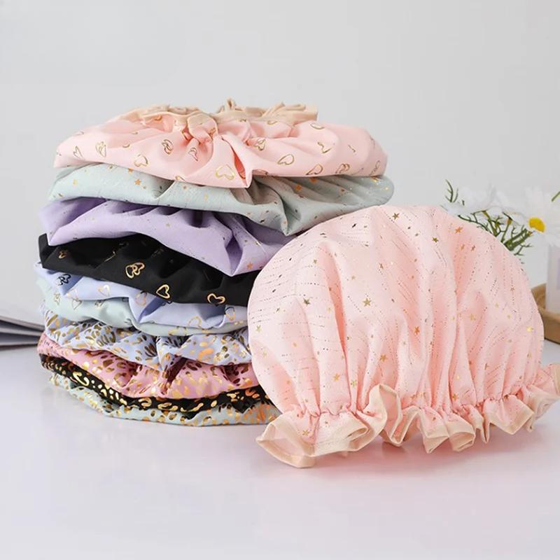 1PCS Waterproof Shower Cap Leopard Print Double Layer Elastic Shower Hair Cover Reusable Wave Point Shower Cap Bathroom Supplies