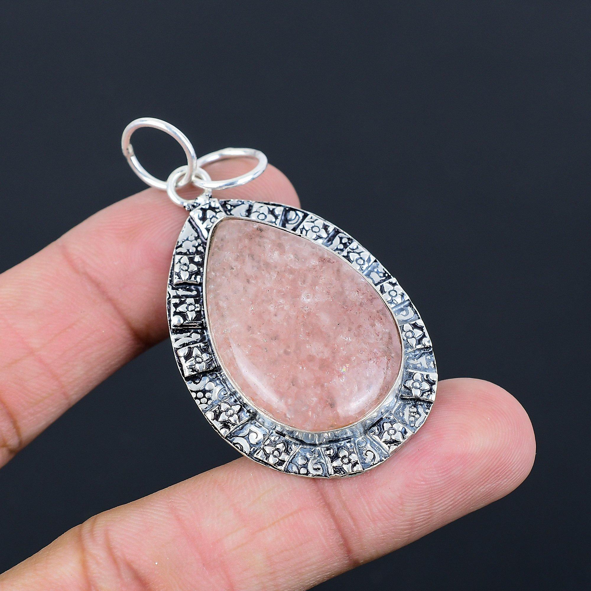 Easter Deal 925 Sterling Silver Natural Strawberry Quartz Sister Pendant Jewelry