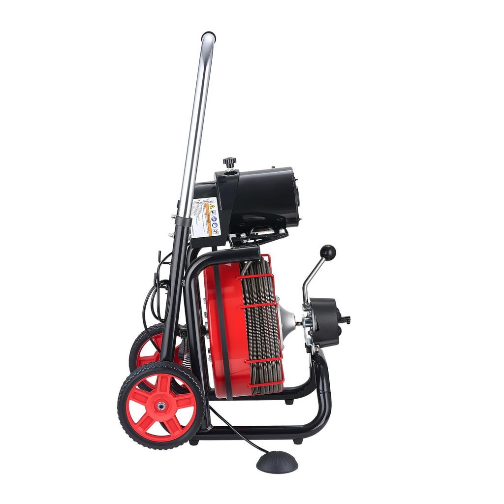 Drain Cleaner Machine 30m x 13mm, Auto Feed Sewer Snake Auger on Wheels - with 8 Cutters & Air-Activated Foot Switch for 50mm to 150mm Pipes
