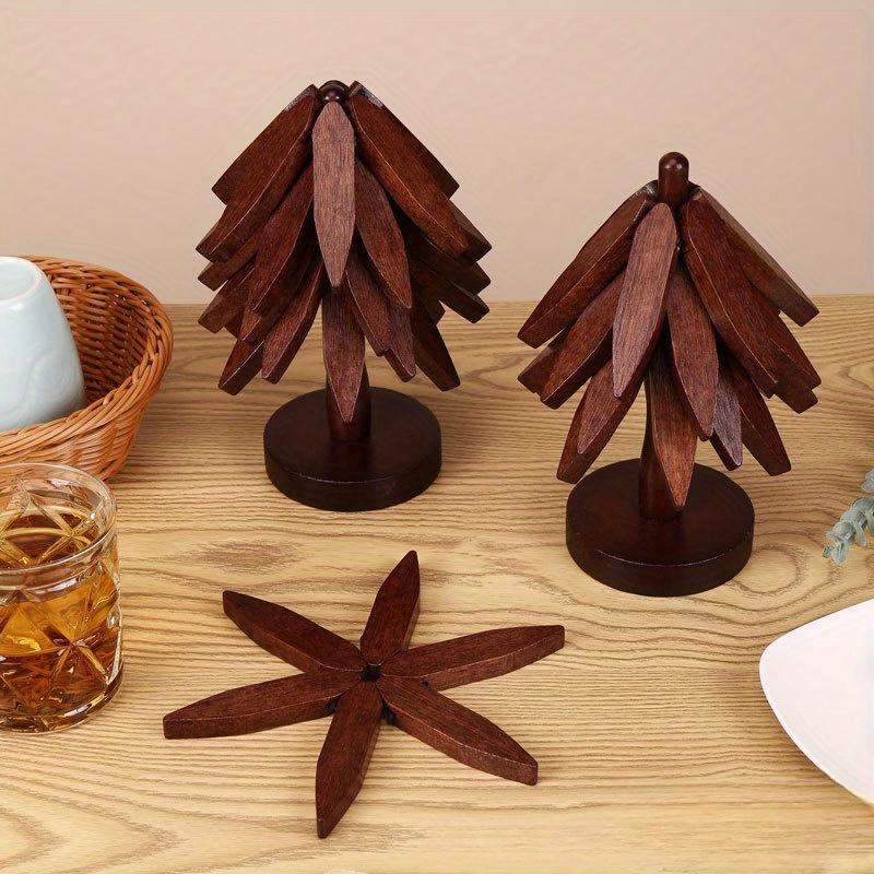 Trivett i tre for varme retter Sammenleggbar treform Svart valnøtt Bordmatte Holdere Varmeisolert underlagsett Brikker Anti-skålding Varme