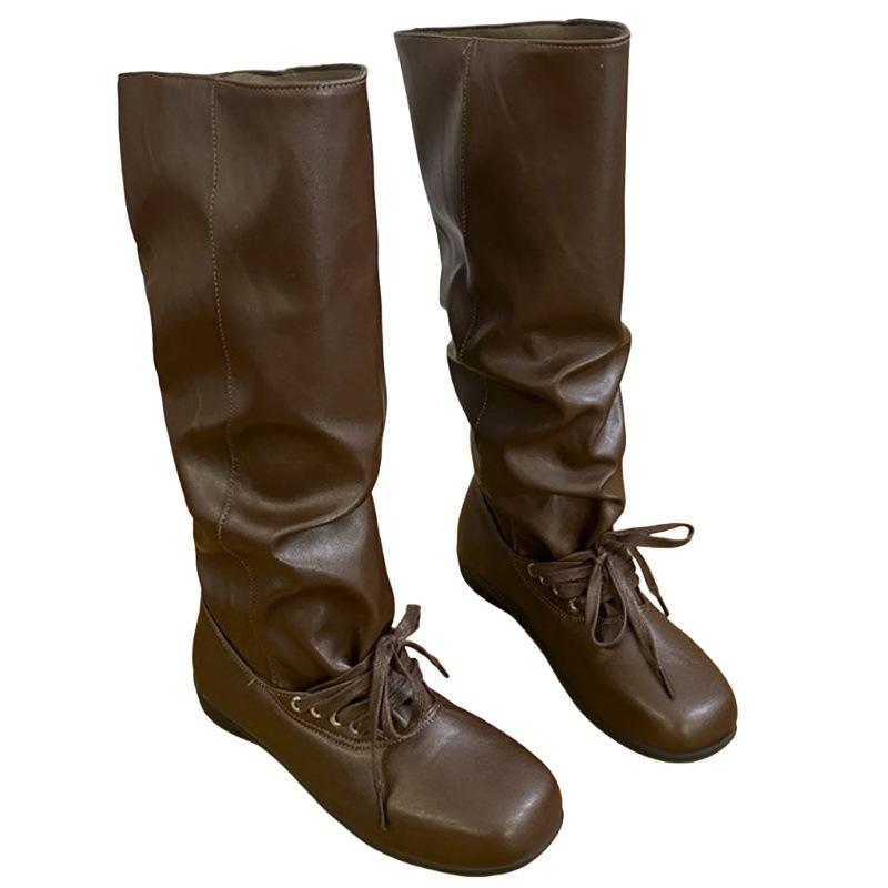 Pleated mid-tube stacking boots thick-soled boots women's autumn and winter boots tall western knight boots