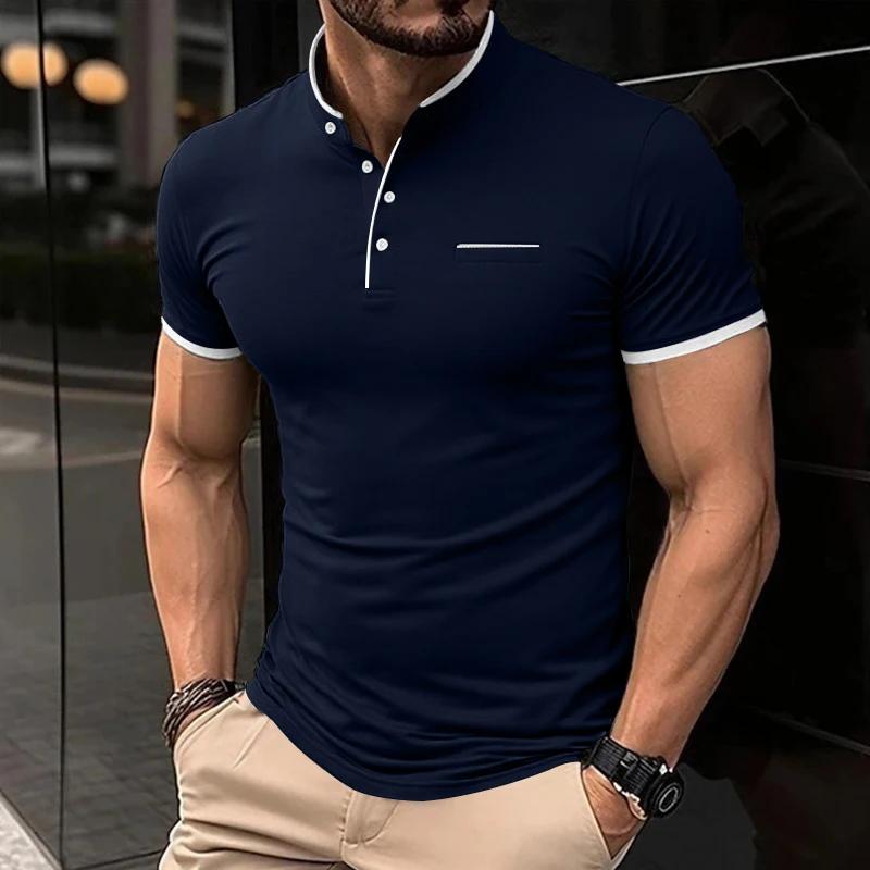 2026 Nouveau T-shirt Décontracté et Mode pour Homme, Couleur Unie, Manches Courtes, Col Montant, Haut Polyvalent et Confortable pour l'Été