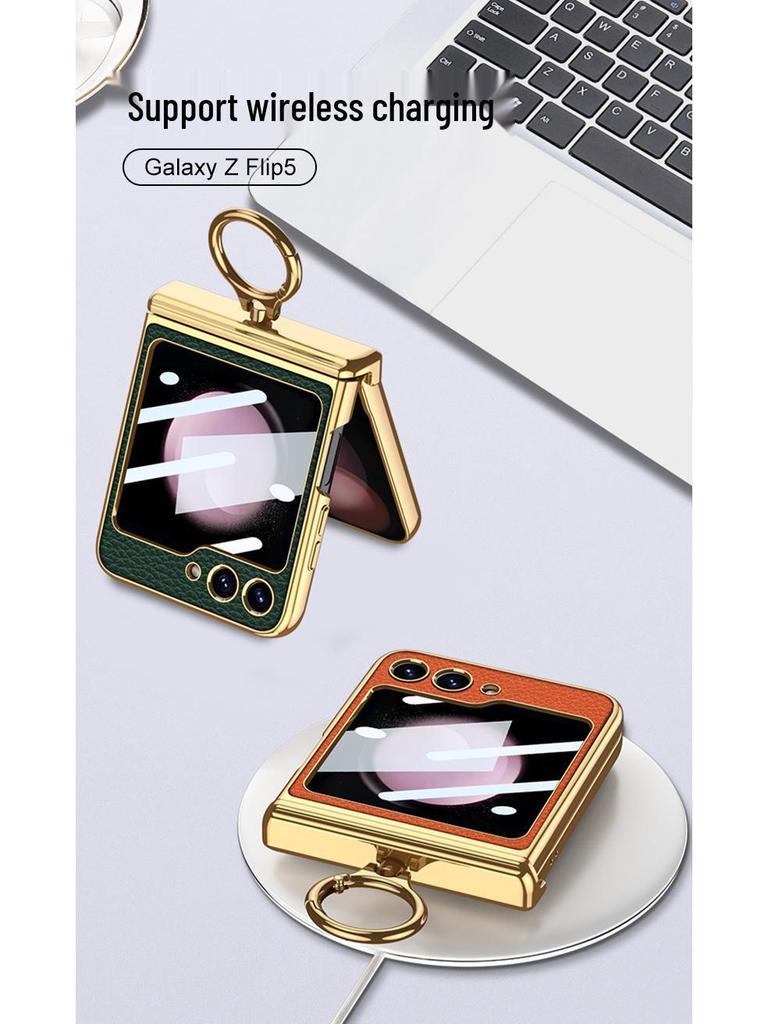 ZFlip5 Magnetic Hinge Leather Ring Case - Foldable Screen, Creative & Simple Design