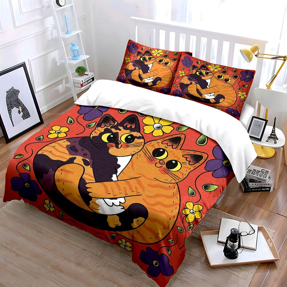 Hugging Cats with Floral Pattern Bedding Duvet Cover Set Duvet Cover Pillowcases (1*Duvet Cover 2*Pillowcases, Without Duvet Insert)