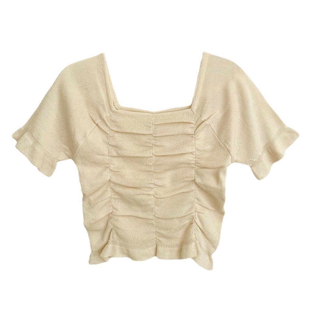 Summer Retro Short Top Dew Collarbone Slim Thin Short-sleeved Knit Shirt Female Casual Summer Essential Comfort and Style Slim Fit Pullovers Tees