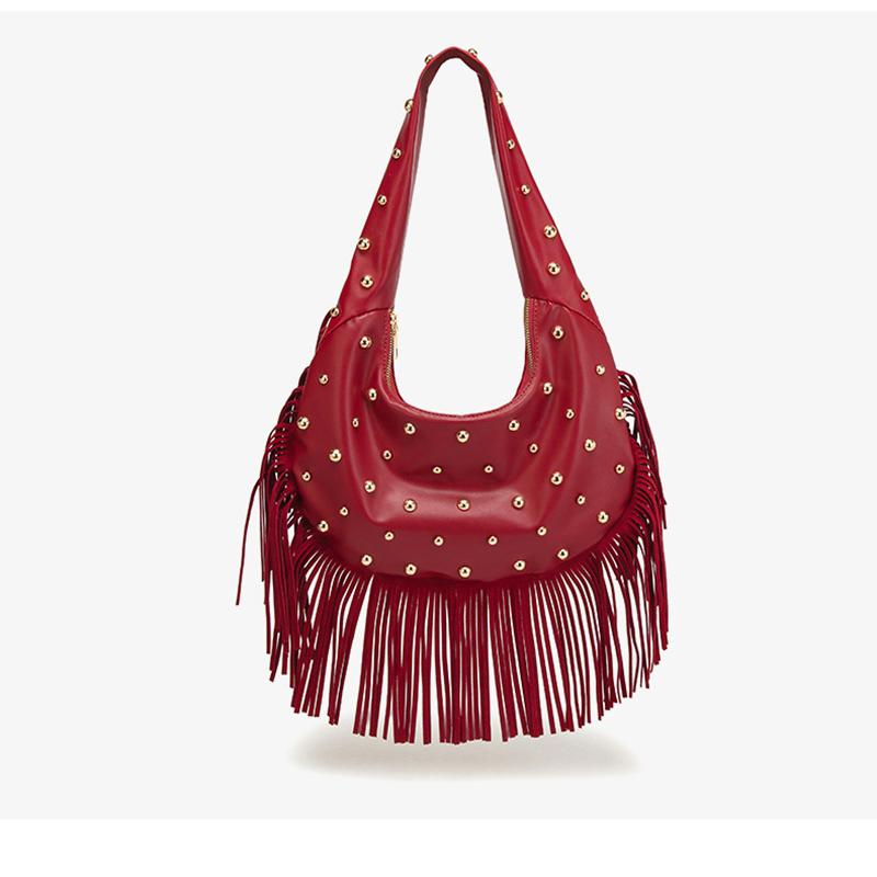 Yogodlns Fashion Personality Women's Underarm Bag Retro Leather Texture Tassel Rivet Bag Versatile Simple Trend Shoulder Bag