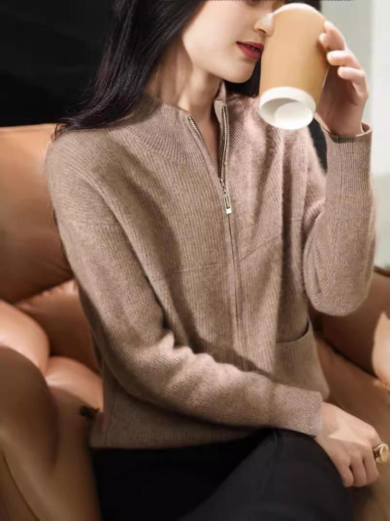 Women's Wool Zipper Cardigan Sweater - Half-High Collar, Loose Knit for Autumn & Winter