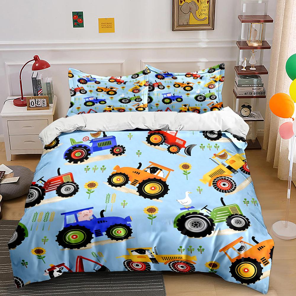 Colorful Tractors With Animals Bedding Set For Kids Luxury Gift 3Pcs Digital Print Comforter Set Soft Comfortable Breathable