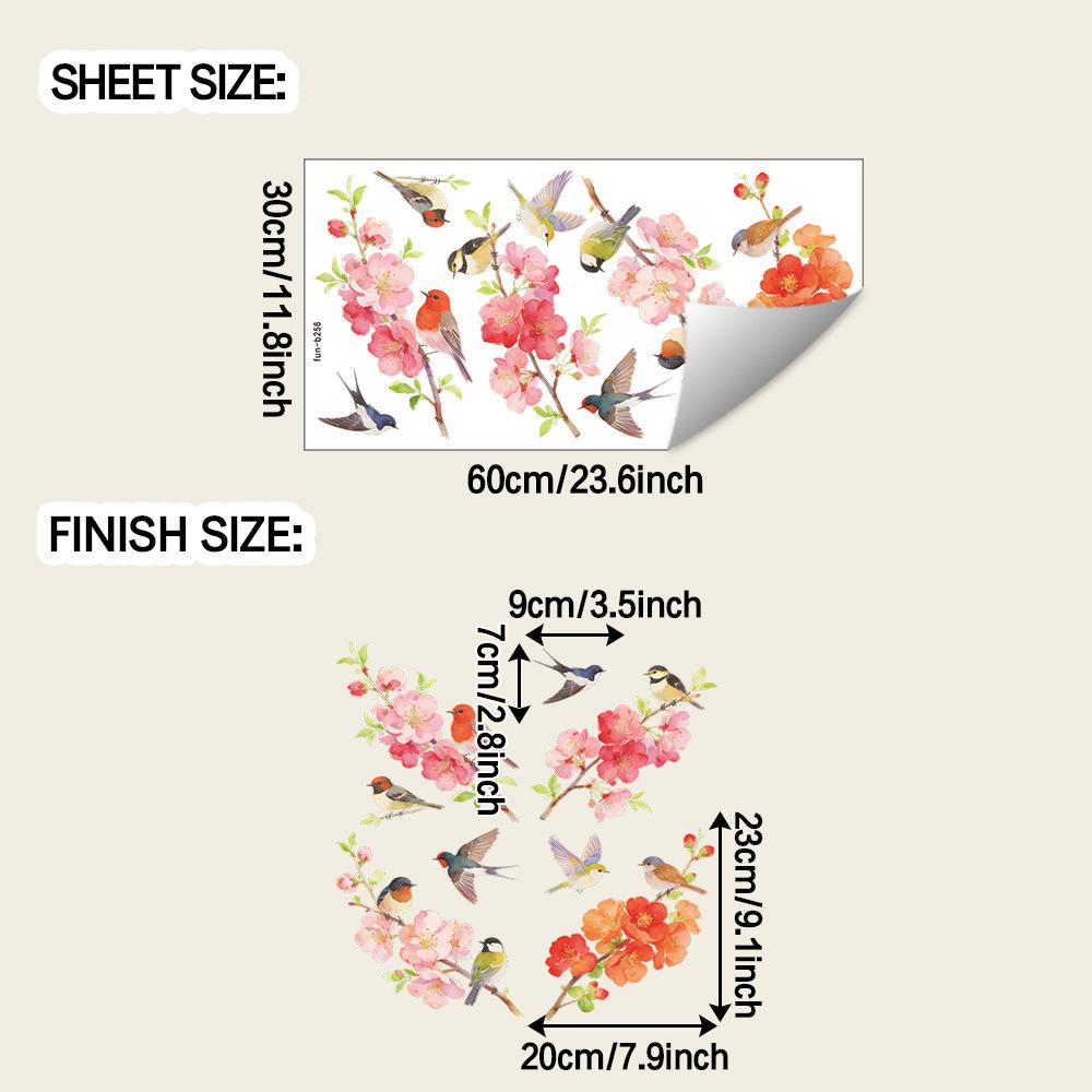 

Watercolor Peach Blossom Tree Branches Bird Home Balcony Glass Window Sticker