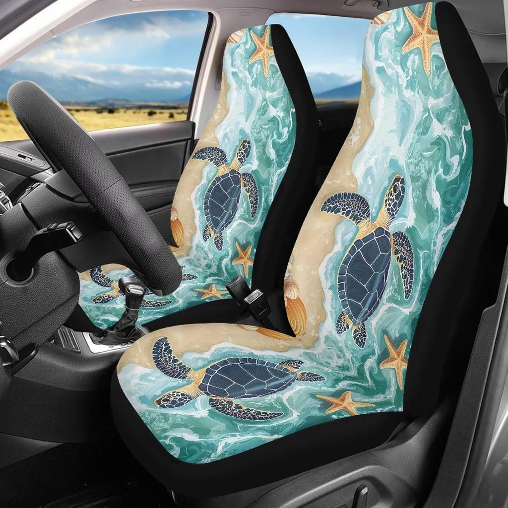 Bulopur Multicolor Polyester Universal Fit Car Truck SUV Van Automotive Seat Covers, 2pcs Front, Hibiscus Floral & Sea Turtle Print