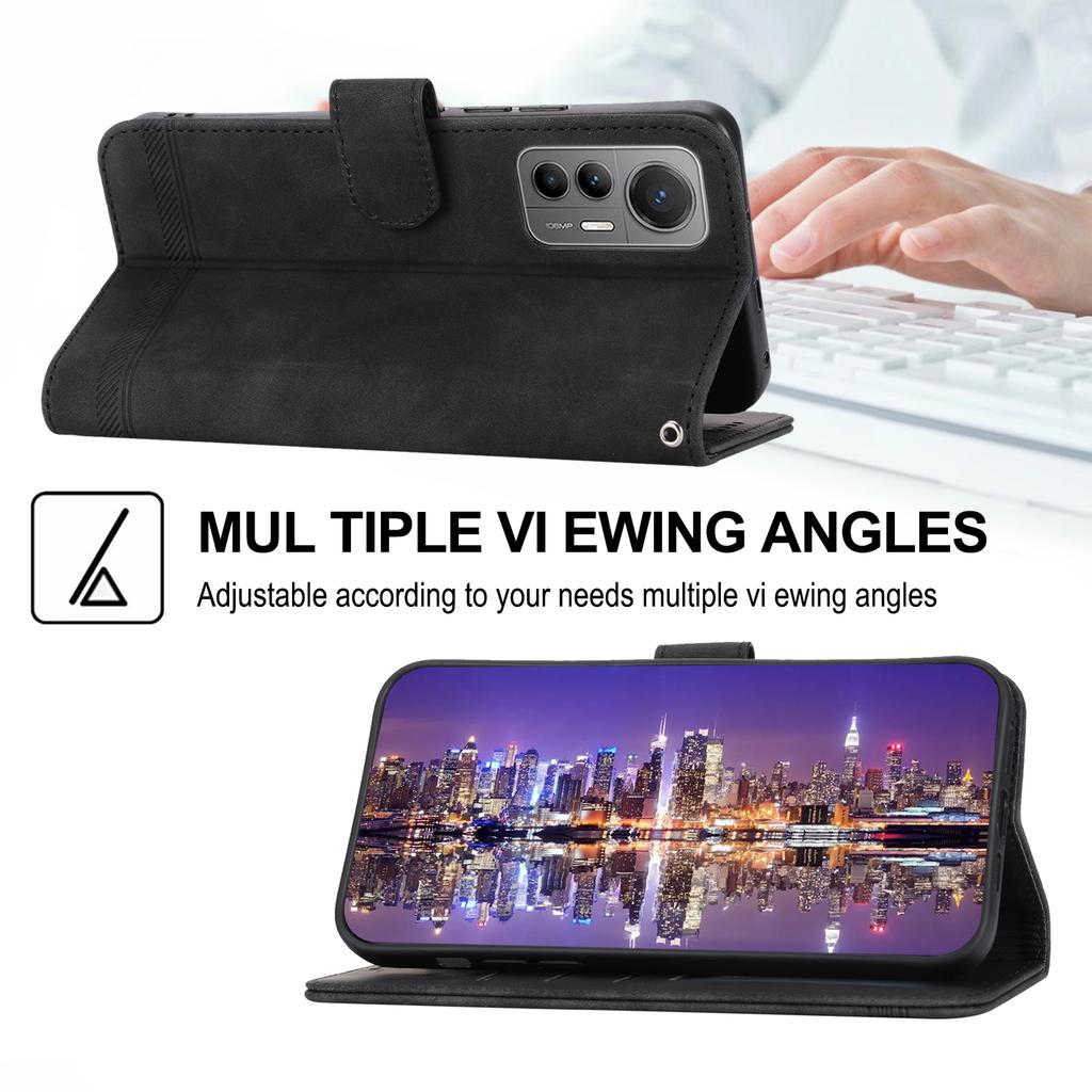 DIERFENG DF-03 for Xiaomi 12 Pro 5G/12 Pro (Dimensity) 5G/12S Pro 5G Wallet PU Leather Phone Case Lines Imprinted Phone Stand Cover- Black