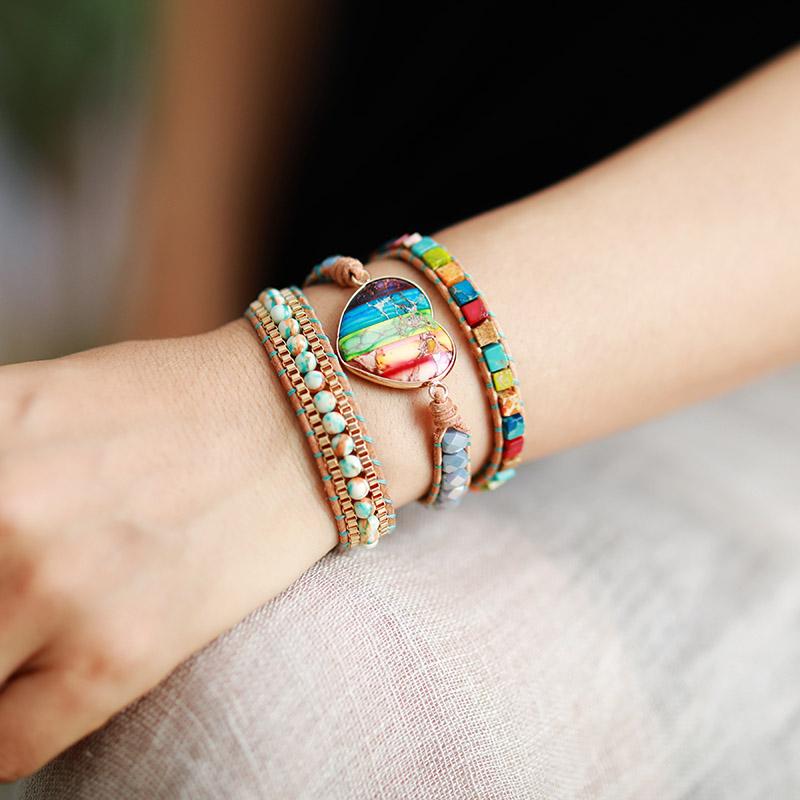 

Romantic Spiritual Chakra Leather Wrap Bracelets W /Mix Stone Heart Shape 3 Strands Bracelet Classic Jewelry Bijoux Dropshipping