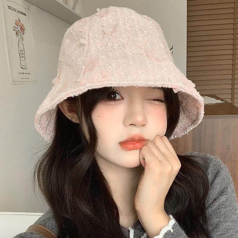 

Autumn and winter hat female cute flower bucket hat big brim washbasin hat versatile bucket hat average size