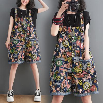 Large Size Summer Dress Printed Denim Overalls Five-point Pants High Waist Thin Loose Thin Wide-leg Shorts Women