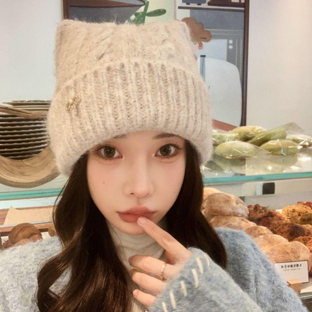 Solid Color Cat Ears Pullover Hat Japanese Style Women Beanie Hat Autumn Winter