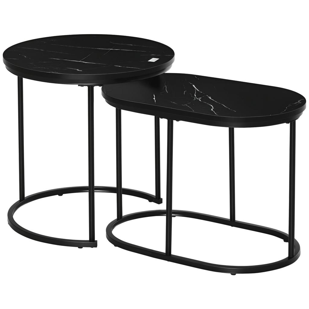 Nesting Coffee Tables/Side Tables, Set of 2, Steel, Marble-Effect MDF Tops, Round and Oval, Black