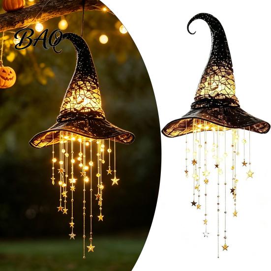 Halloween Hanging Decorations Lighted Witch Hat Chime, LED Glowing Wizard with Party Decoration Supplies Swinging Star Tassels, Indoor Outdoor