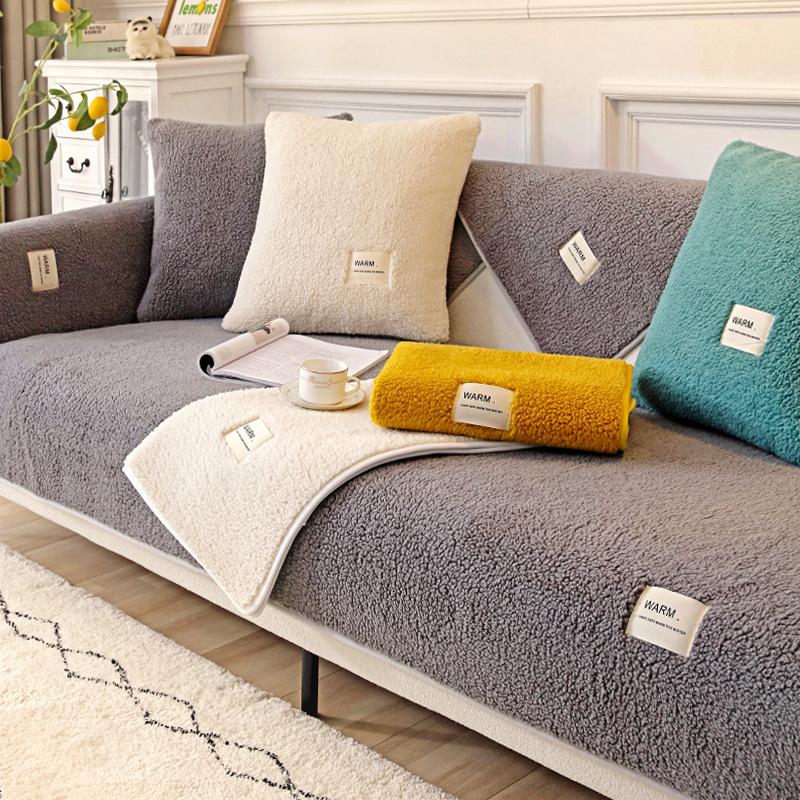 Winter Lambskin Sofa Cushion Thickened Fleece Cushion Non-Slip Leather Sofa Cover Nordic Simple Winter
