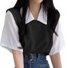 Women Spring Summer Solid Color Short Sleeved Polo Collar Fake Two T-shirt Loose Contrast Color Blouses Pullover Top S-XXL