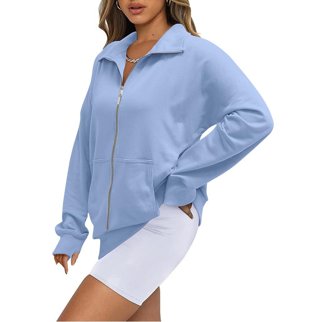 Women's Fashionable Long Sleeved Solid Hooded Zippered Sweater Jacket