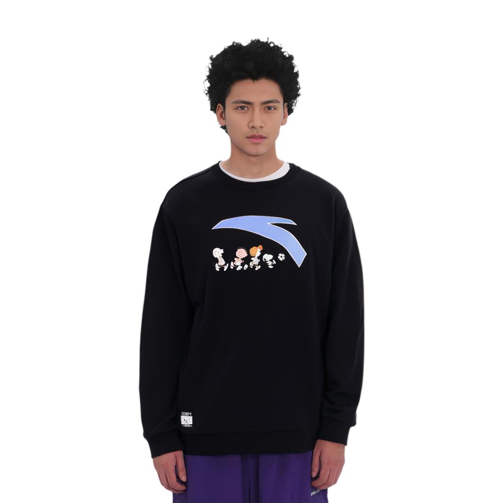 Anta X Snoopy Collaboration Life Series Logo Cartoon Print Loose Round Neck Pullover Long Sleeve Sweatshirt Unisex sweatshirt Black 952139731-4