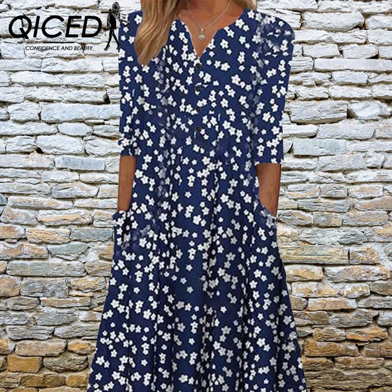 

QICED Элегантные женские платья с V-образным вырезом, коротким рукавом, на пуговицах, вечернее платье, женское летнее винтажное платье с принтом, повседневные свободные цветочные женские платья XXXXXL