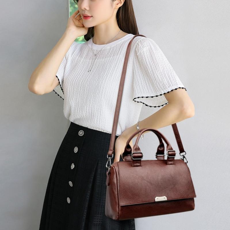 Handtasche aus Leder für Damen im Vintage-Stil Boston Bag mit verstellbarem Riemen Damen Schulter-Crossbody-Tasche einfarbig