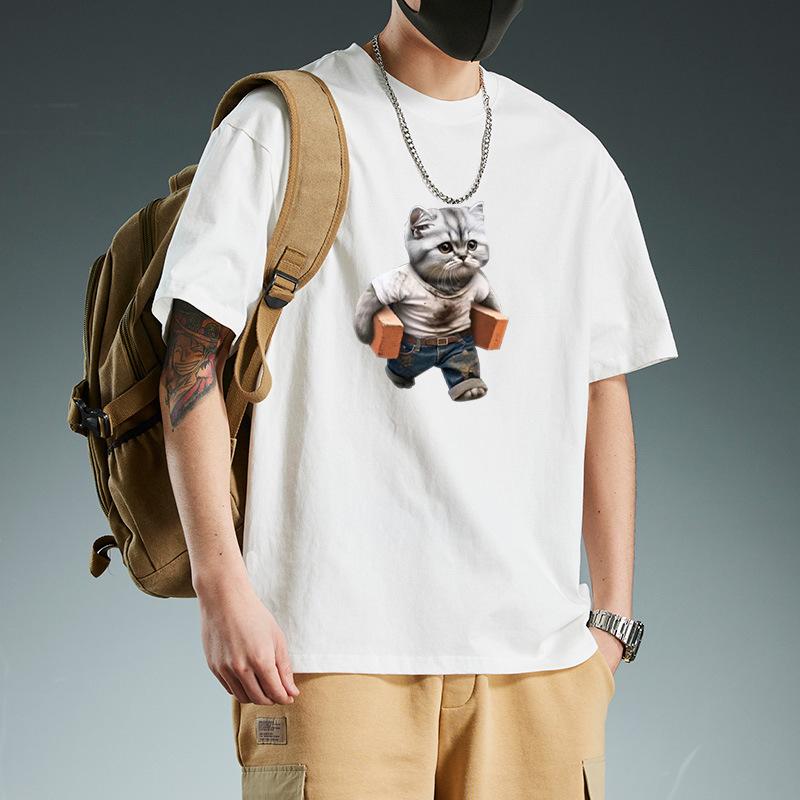 

Heavy Duty Pure Cotton Hong Kong Style Short Sleeved T-shirt for Men s Summer Cartoon T-shirt Loose and Trendy Ins Couple Outfit Top S