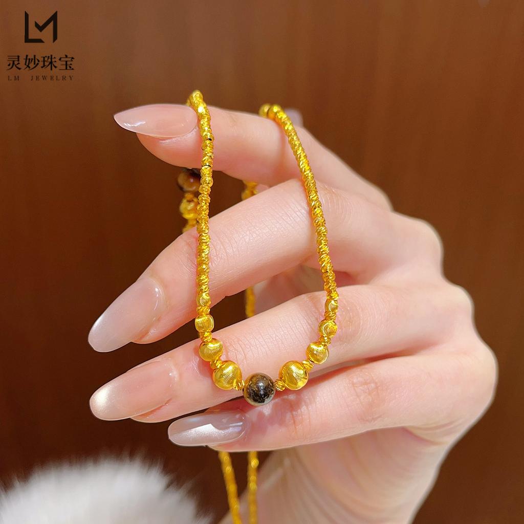 Cat Eye Fortune Bead Necklace & Bracelet Women's 24K Gold AU999 -Light luxury cat eye style, low-key glittering, for office days