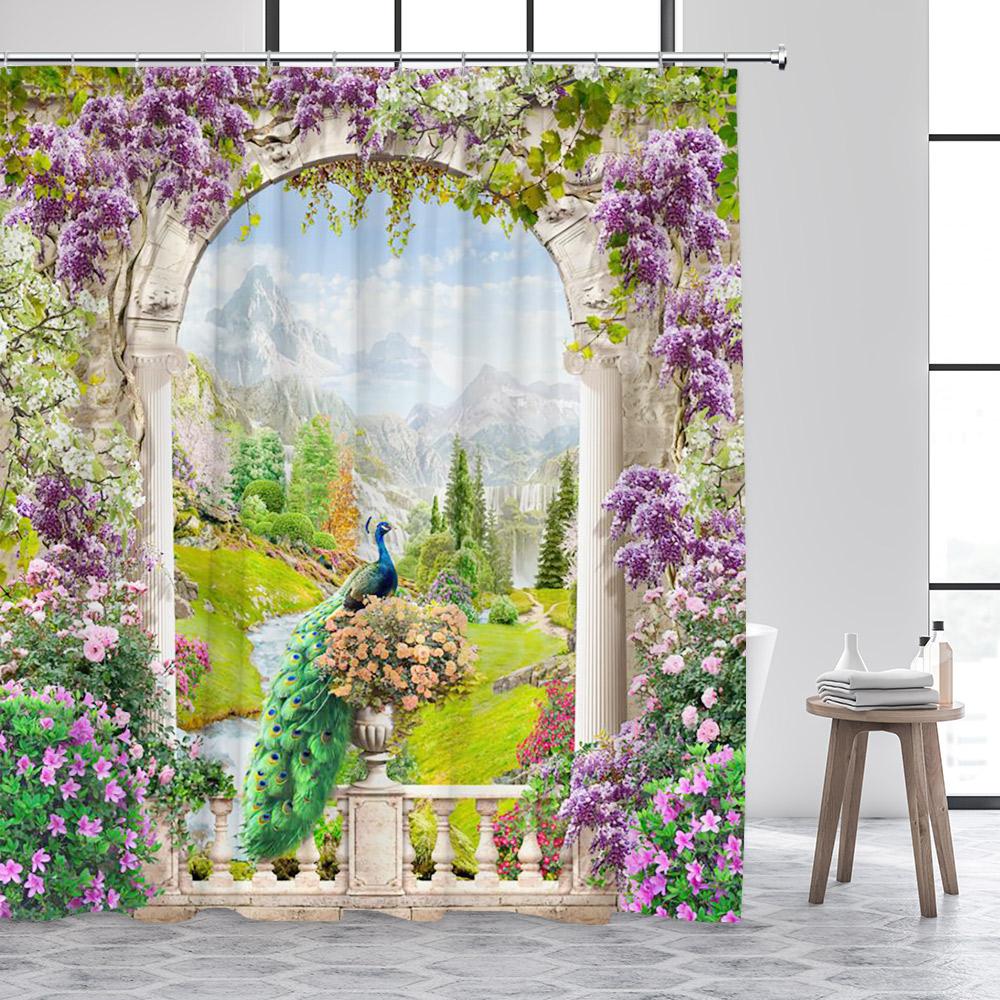 Rustic Fence Flowers Shower Curtains Pink Rose Floral Plant Garden Scenery Wall Hanging Fabric Bathroom Curtain Decor With Hooks