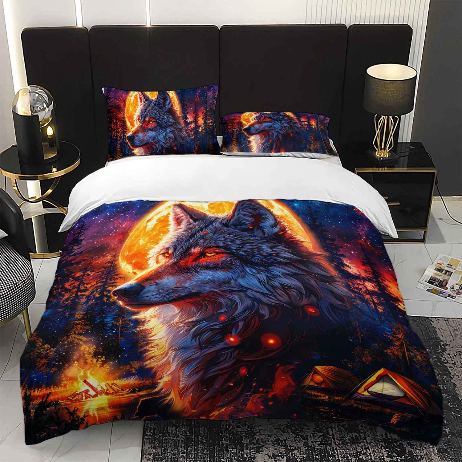 

3pcs Bedding Set Featuring a Wolf Moon Design, Including a Duvet Cover And Two Pillowcases, Perfect for Animal-Themed Bedroom (135x200cm)