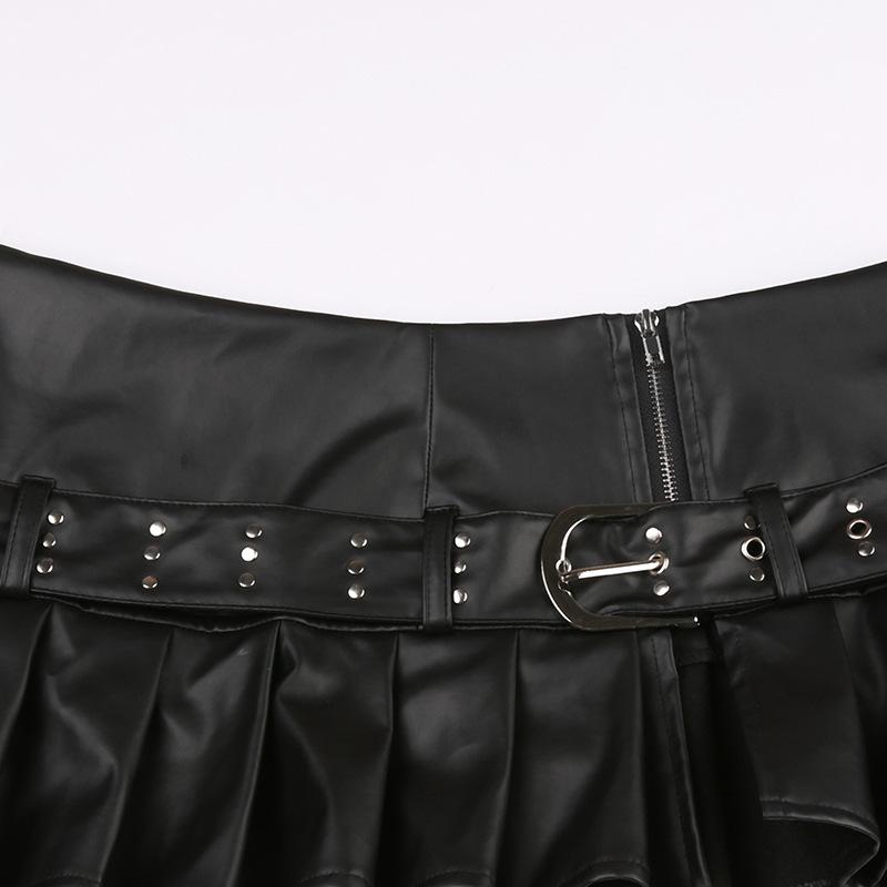 Women's Spice Girls Studded Belt Split Fashion Street Sexy Low Waist A-Line Leather Pleated Skirt
