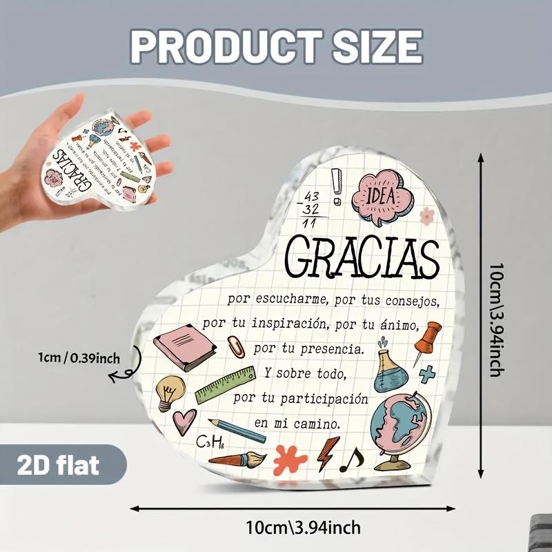 Graduation Thank-You Gift: Heart-Shaped Spanish Thank-You Plaque Acrylic Ornament  GRACIAS Por Escucherme  2D Flat Book Light Bulb Learning Element 10*10cm