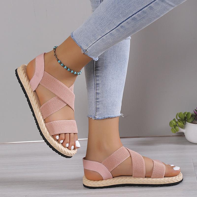 Women's Casual Flat Sandals Elastic Crisscross Strap Open Toe Slip On Shoes Comfy Beach Sandals