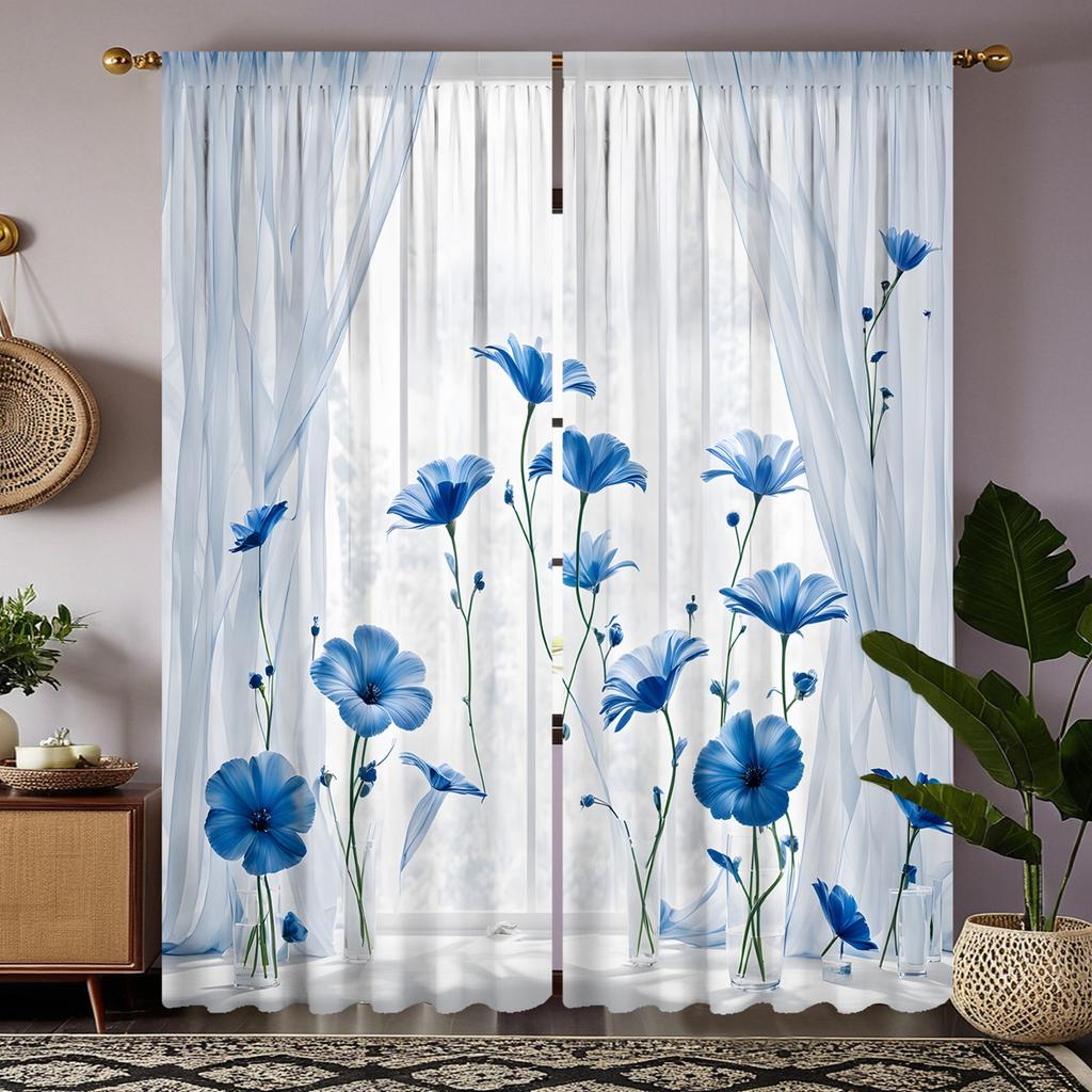 2 Pieces of HD Plain Blue Flower Decoration Curtain White Digital Printed Curtain Home Decoration Style Decoration Living Room B