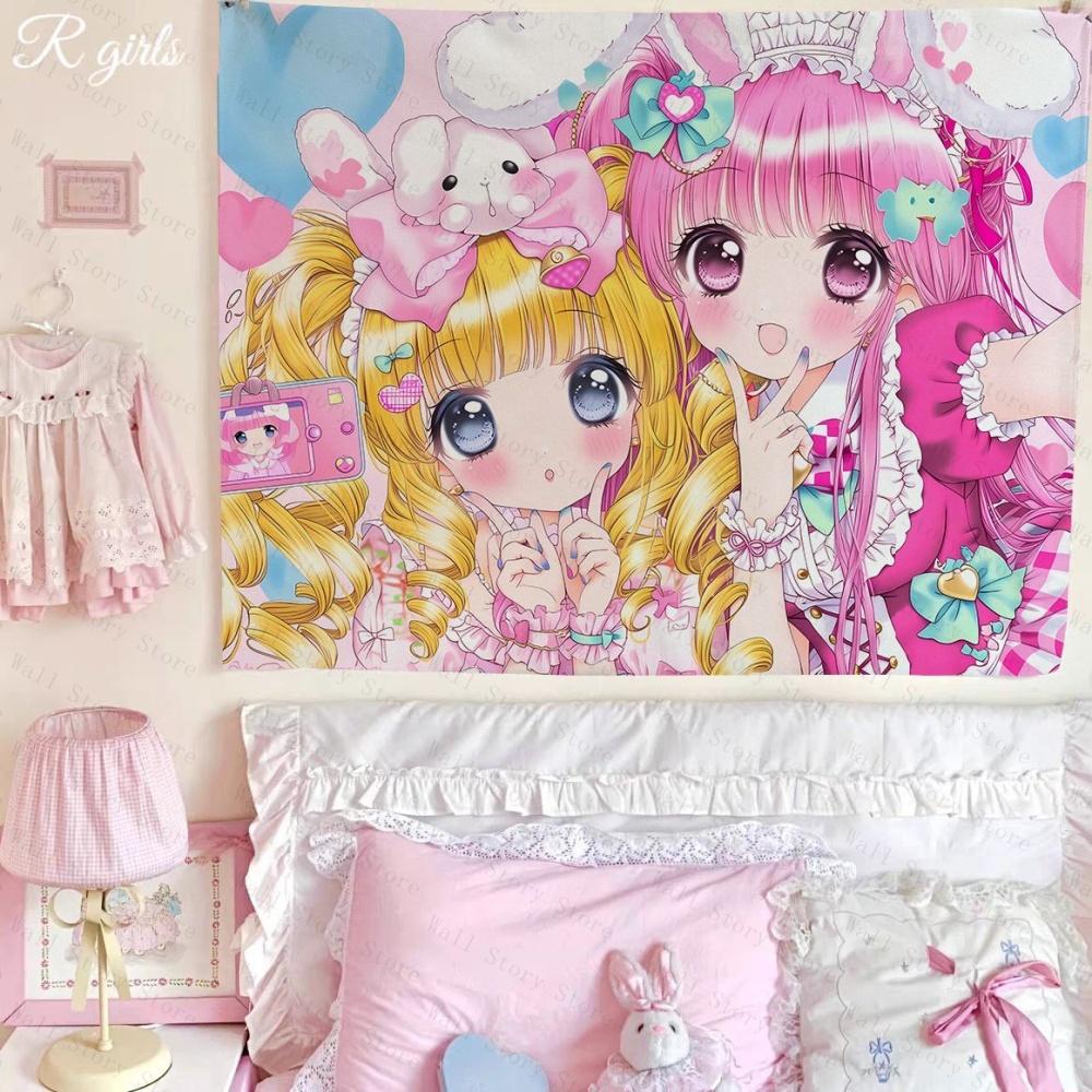 Kawaii Pink Anime Cat Girl Tapestry Cute Wall Hanging for Teen Girls Bedroom Tapestry Aesthetic Dorm Decor Kawaii Room Backdrop