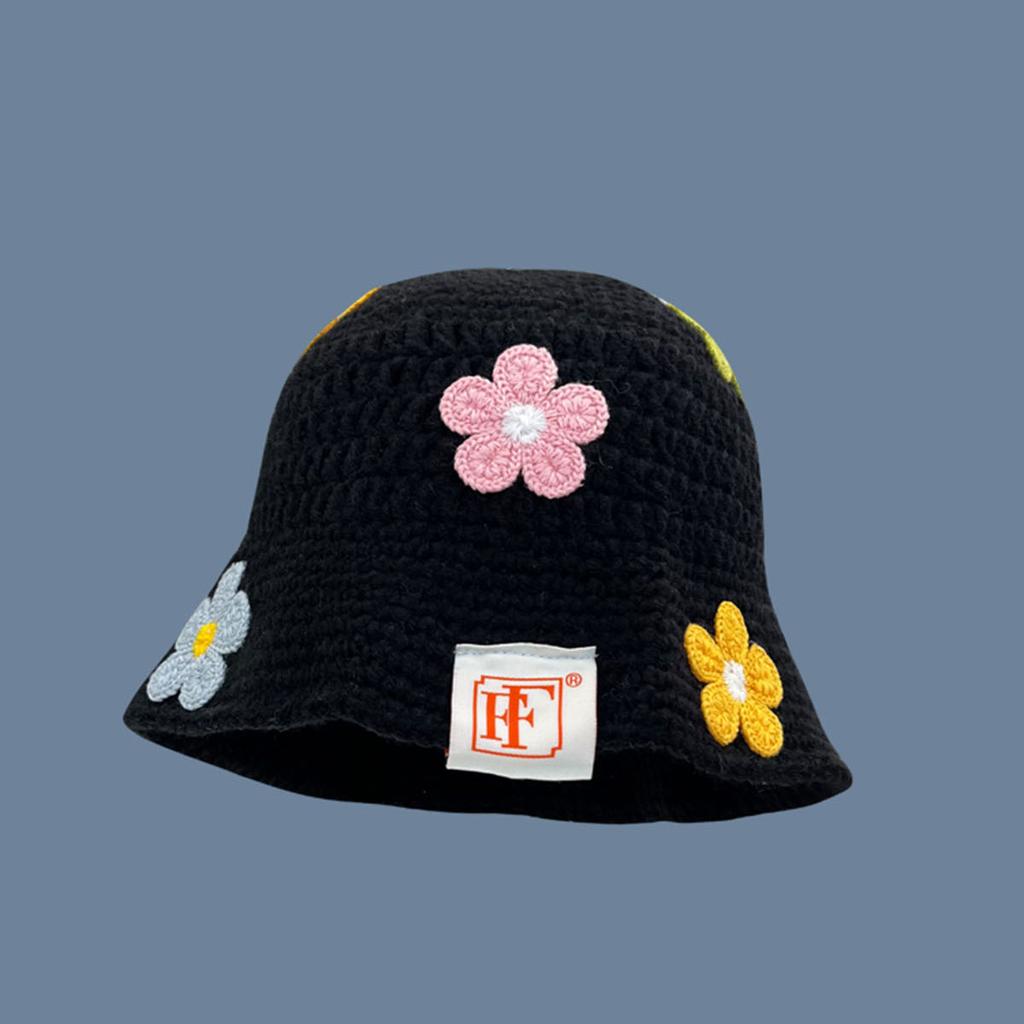 Hook Flower Colorful Gradient knittingWoolen Hat Women's Autumn and Winter Cute Handmade Plush Hat Knitted Fisherman Bucket Hats