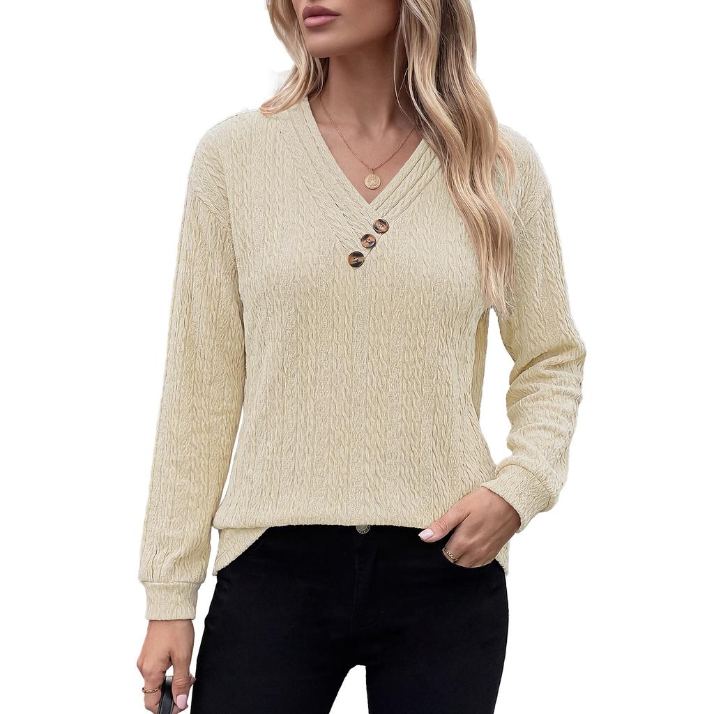 Women Solid Color V Neck Button Decoration Loose Long Sleeve Casual T Shirt Top
