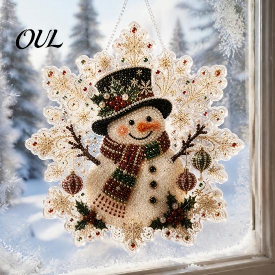 Festive Wall Hanging Ornament Christmas Faux Pearl Painting Suncatcher Kit, Acrylic Snowflake Shaped Board with Lace Adult Crafting Hobby Supplies
