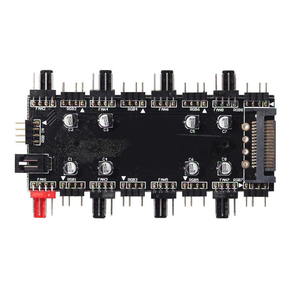 12V/4Pin 5V/3Pin RGB Fan Hub Controller 1 to 8 Multi Way Splitter PWM Hub PC Speed Controller Adapter for ASUS/MSI Hook-and-loop