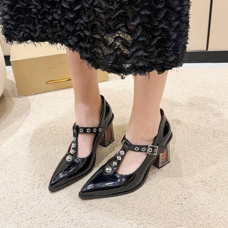 Fashion Footwear Fashion Cross-tied Ankle Women Pumps Heeled Shoes Spring Autumn Female Pointed Toe Buckle Ladies Square Heels Shoes