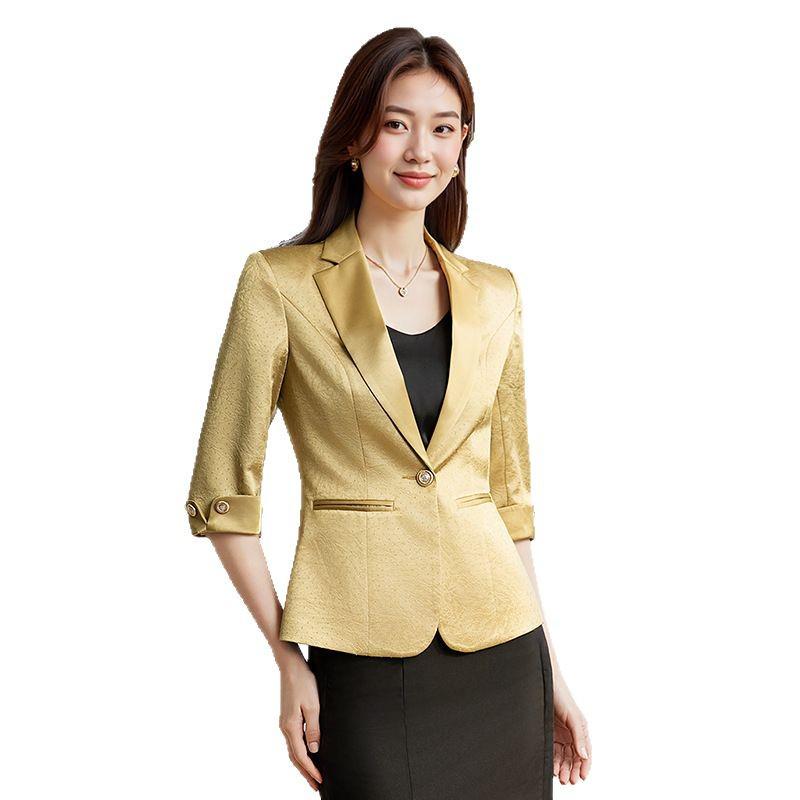Women's Unique White Acetate Satin Blazer - Seven-Sleeve Short Design for Spring & Autumn