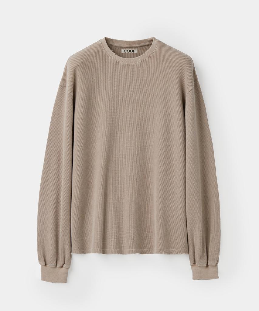 Kueo Damaged Waffle Long Sleeve T-Shirt (Washed Sand Beige)