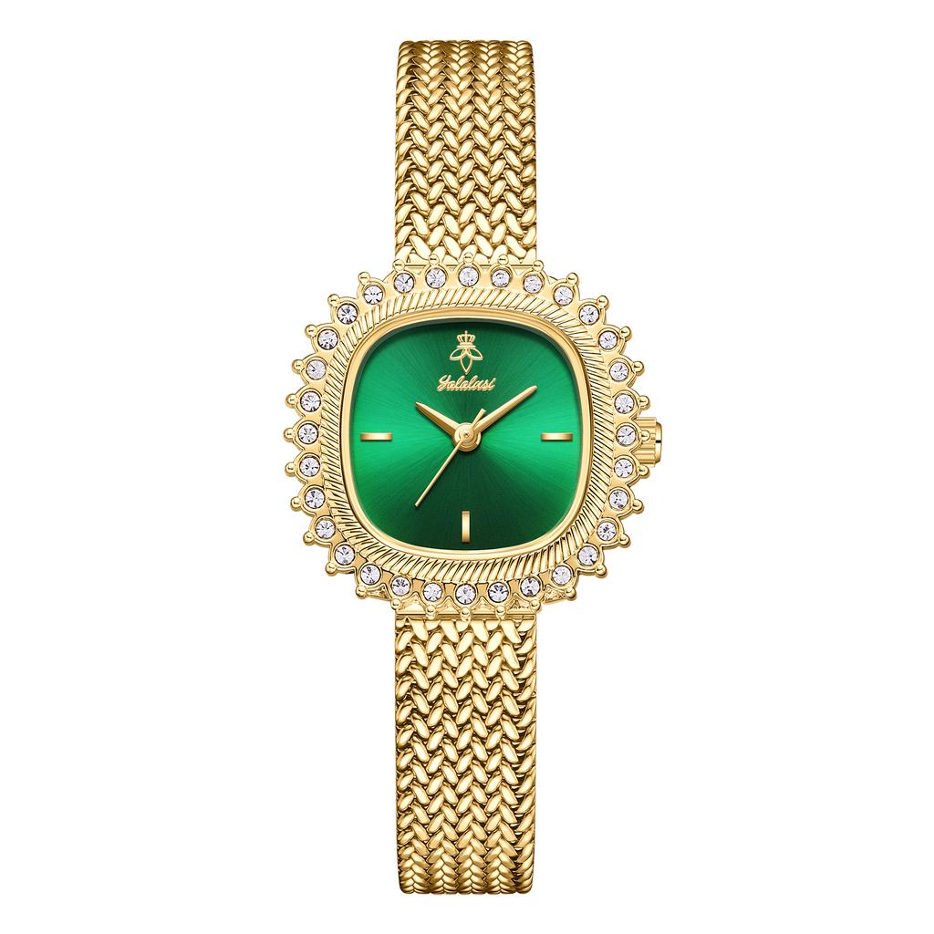 YaLaLuSi Brand Women's Luxury Gold Rhinestone Watch Green Dial Niche Design Quartz Watch Stylish Woven Metal Strap Gift Box Set