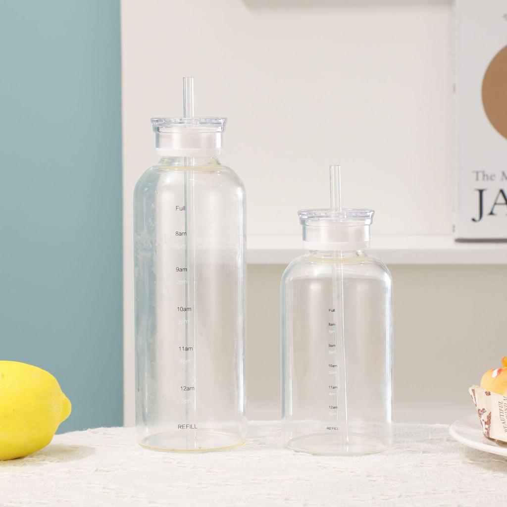 Summer Style Double-Lid Straw Glass Water Cup with Time Scale