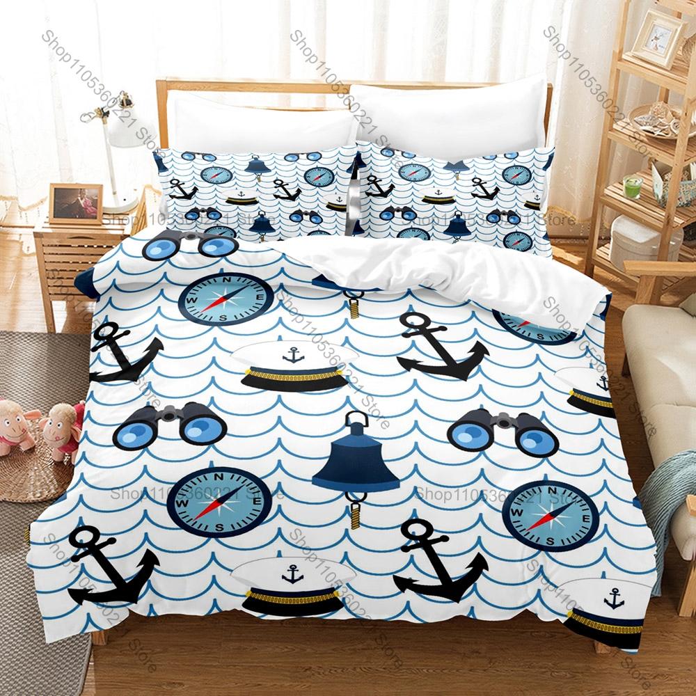 Navy Blue Anchor Theme Bedding Set 3 Pieces Marine Sailor Style Quilt Cover Set Twin Full Queen King Size Bed Linen